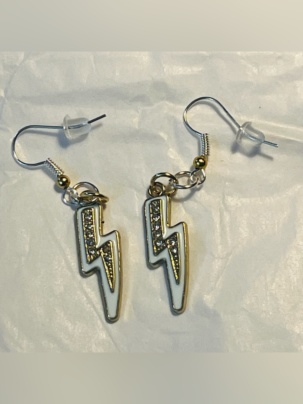 Gold and White Lightning Bolt Drop Earrings - Women Jewelry